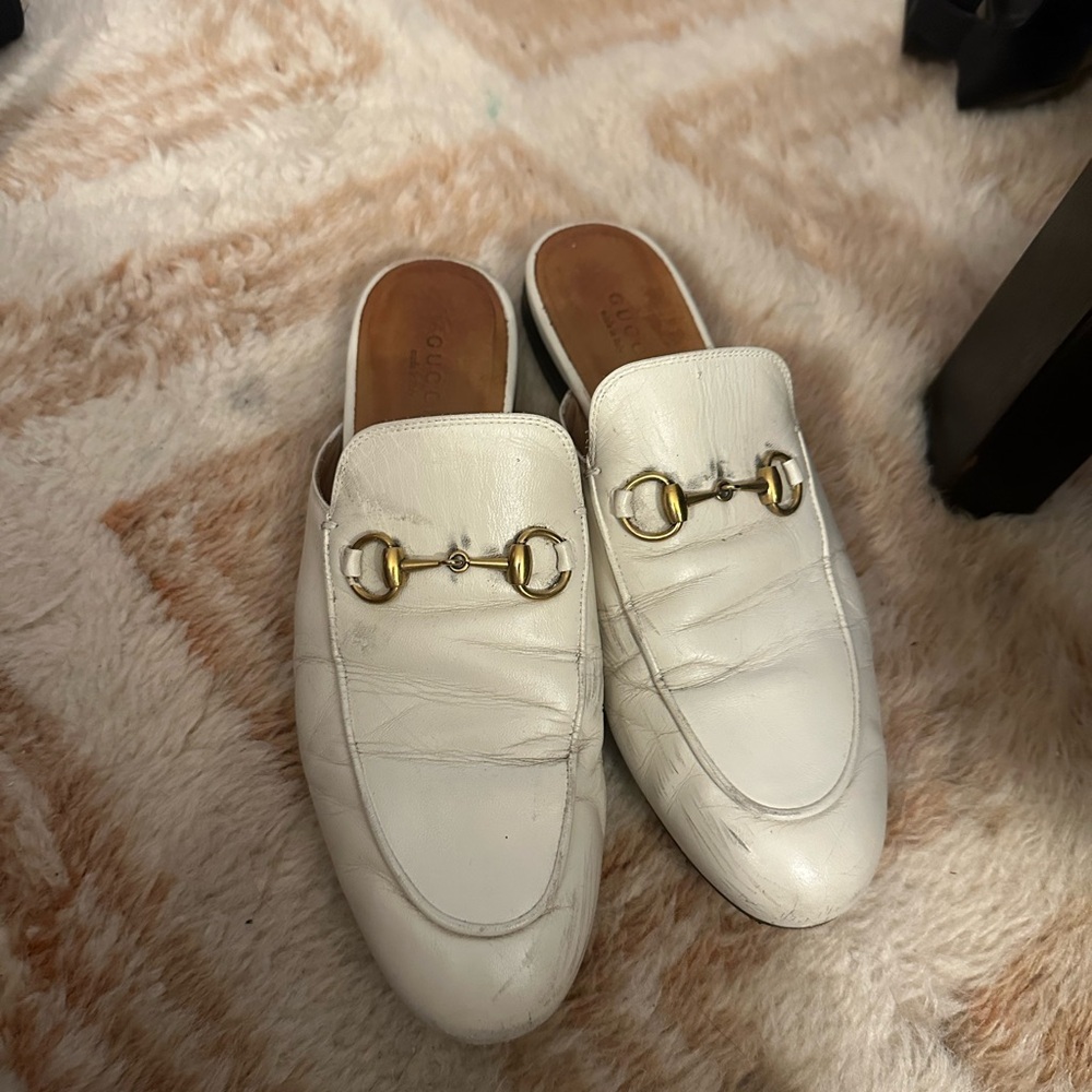 Gucci Princetown Ecru White Leather Flat Slip On Loafer Mule Size 37